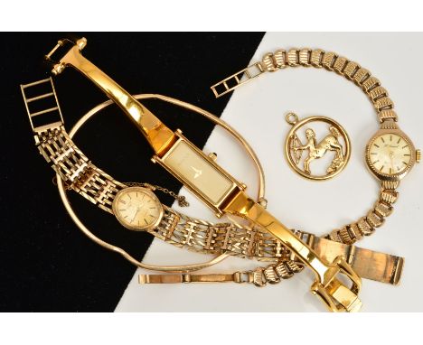 THREE LADIES WRISTWATCHES, A BANGLE AND A PENDANT, to include two 9ct gold watches, both with 9ct hallmarks, approximate tota