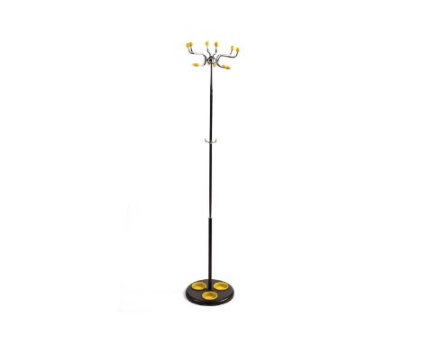 A 1960’s hat and coat stand, in chrome and black, with yellow plastic finials and drip trays, 165cms.