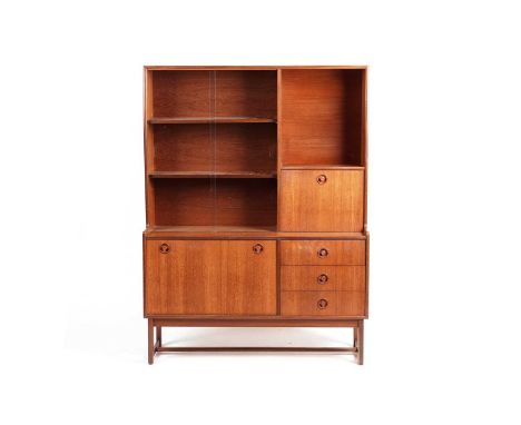 Turnidge of London: a teak display cabinet, circa 1960’s, two glazed sliding doors and a fall front secretaire above three dr