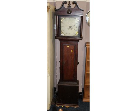 A 19TH CENTURY OAK CASED LONG CASED CLOCK WITH PAINTED DIAL SINGLE WEIGHT/PENDULUM H-188 CM