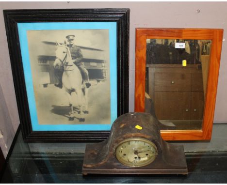 AN OAK MANTEL CLOCK A/F WITH A PINE MIRROR, PICTURE ETC