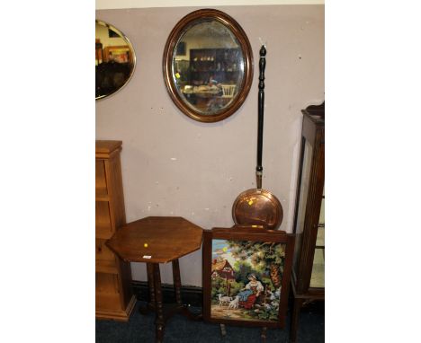 A MAHOGANY PEDESTAL TABLE, OVAL WALL MIRROR, WARMING PAN AND FIRESCREEN (4)