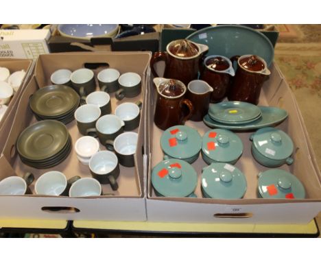 TWO TRAYS OF MAINLY STONEWARE TO INCLUDE LIDDED BOWLS, CUPS AND SAUCERS ETC