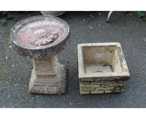 A BRICK EFFECT SQUARE PLANTER TOGETHER WITH A BIRD BATH (2)