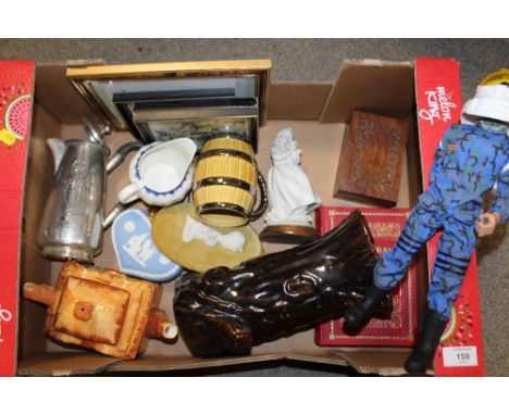 A TRAY OF CERAMICS ETC. TO INCLUDE WEDGWOOD JASPERWARE, ACTION MAN SPACE MAN, TREEN BOX ETC.