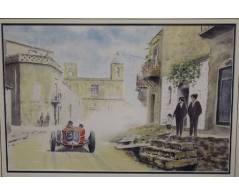 A FRAMED AND GLAZED WATERCOLOUR OF A CONTINENTAL AUTOMOBILE RACE, DETAILED LOWER RIGHT 'ACHILLE VARZI ALPHA ROMEO P2 TARGIA F