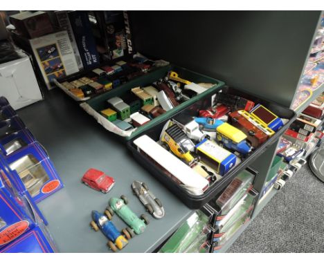 Three trays of mixed vintage playworn diecasts including Dinky 23E, 234, 230 Racing Cars, Dinky Mini in Red along with many m