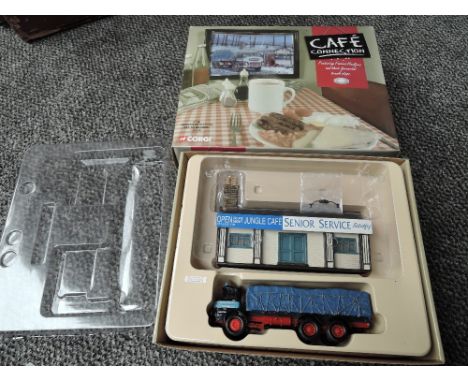 A Corgi Cafe Connection boxed set, CC11603 Albion Reiver Sheeted Platform Lorry, W.H. Malcolm Ltd, Jungle Cafe, mirrors and c