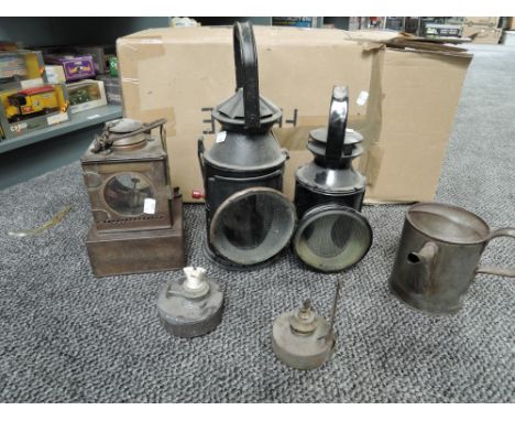 Three vintage Railway Signal Oil Lams including LNER (S), BR and similar along with a Oil Can