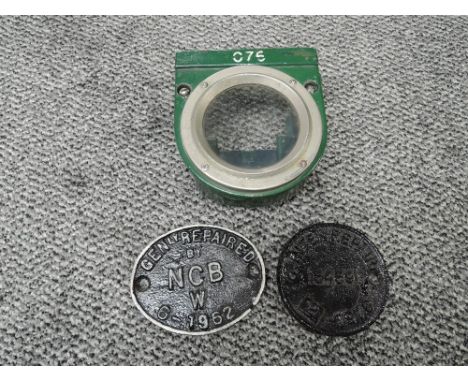 Two cast metal Shed Plates, GENly REPAIRED by NCB W 6-192 in black with white lettering and INTER REPAIR 5459 2 1976 in black