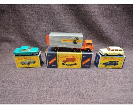 Three Matchbox Lesney diecasts, 33 Ford Zephyr III in green with white interior, 38 Vauxhall Victor Estate Car in yellow with