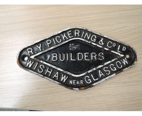 A cast metal Wagon Plate, R Y Pickering &amp; Co Ltd, Wishaw Near Glasgow, Builders in black with white lettering