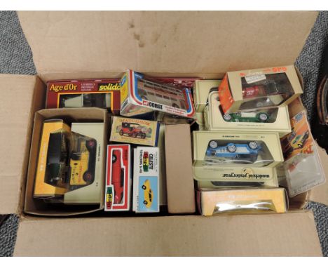 A box of Modern diecasts including Matchbox Models of Yesteryear, Solido, Corgi 471 Silver Jubilee Bus etc approx 40, al boxe