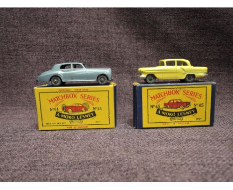 Two Matchbox Series Moko Lesney 1954-1960 diecasts, No 44 Rolls Royce Silver Cloud and No 45 Vauxhall Victor, yellow, both in