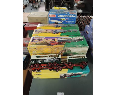 Eight Corgi Classics Showmans Range Pat Collins Fair diecasts, 09901 x2 one is unboxed, 16502 x2 and 27602 x4, seven boxed bu