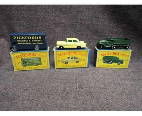 Three Matchbox Lesney 1961-1965 diecasts, No 45 Vauxhall Victor, yellow, No 46 Pickfords Removal Van, dark blue and No 49 Arm