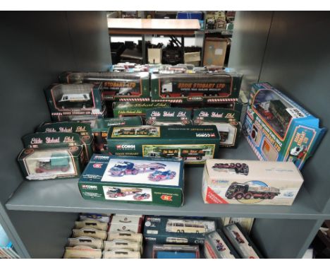 A shelf of Corgi Eddie Stobart diecasts including 23101, 97369, 31704, 59502 etc 16 in total along with a Control Freaks Eddi