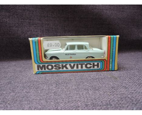 A Moskvitch 1:43 scale diecast, Medica Car in light blue with white interior, in original window box