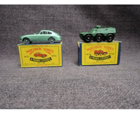 Two Matchbox Series Moko Lesney 1954-1960 diecasts, No 53 Aston Martin, light green and No 54 Saracen Personnel Carrier, both