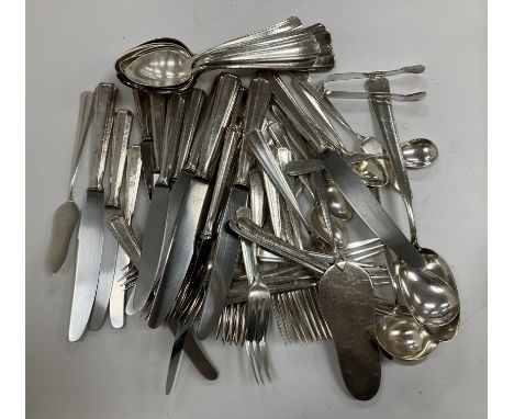 A WMF .800 silver six place canteen of cutlery in the Art Deco style with planished decoration, comprising tablespoons, desse