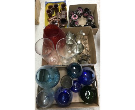 Two boxes of assorted mid 20th Century coloured glass vases as over sized goblets, various glass bottles, a Scandinavian smok