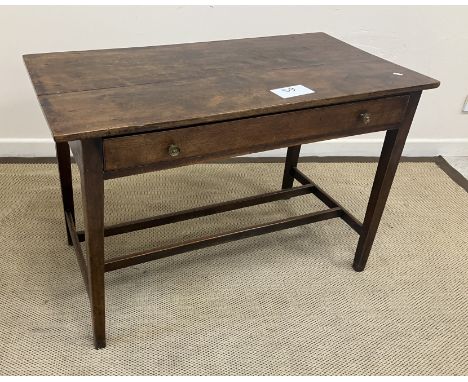 A 19th Century Provincial oak side table, the plain top over a single drawer with brass knob handles raised on square tapered