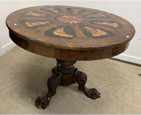A Sorrento walnut and marquetry inlaid centre table, the top with central fan medallion within eight figural decorated panels