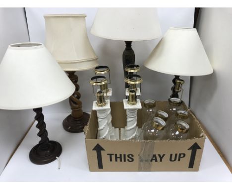 A box containing two pairs of barley-twist type table lamps, an Indian type painted table lamp etc together with a box contai