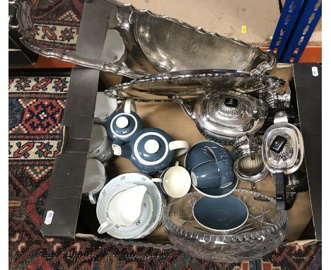 A box containing a Poole part coffee service, an Adderley part tea service, a plated four piece tea set together with two pla