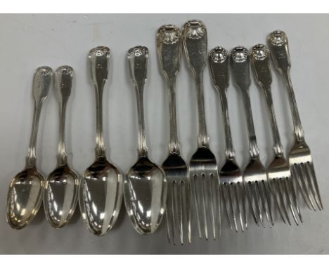 A set of early Victorian silver "Fiddle, Thread and Shell" pattern cutlery including two table forks, four dessert forks, two