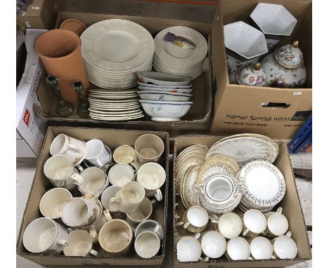 Four boxes of miscellaneous china to include a box of Royal commemorative mugs and a large collection of plates, bowls and a 