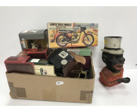 A box of sundry toys and models to include an Airfix scale models construction kit Series 3 BSA C15 motorcycle, a Dinky Toys 