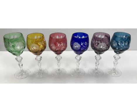 A set of six 20th Century Bohemian overlaid cut glass hock glasses in amethyst, blue, cranberry, lighter blue, yellow and gre
