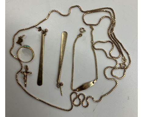 A small collection of 9 carat gold jewellery including box link necklace, pair of baton drop earrings, crucifix pendant, Chri