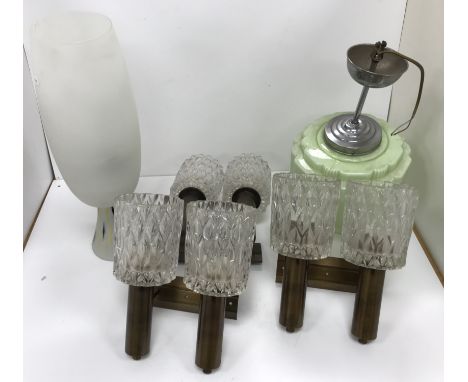 Three mid 20th Century twin branch wall lights with glass shades and brass mounts together with a 1930s style moulded green g