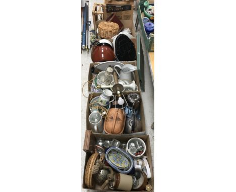 Five boxes of assorted kitchenalia, decorative china wares etc to include Le Cruset casserole, enamelled casserole, various t