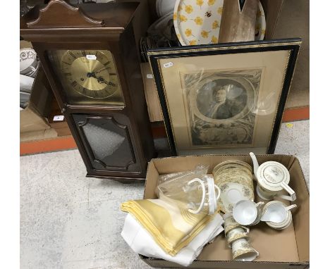 A box of miscellaneous china, together with a Metamec drop dial wall clock, picture and various linen