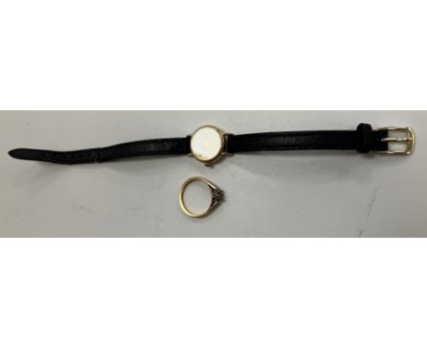 A 9 carat gold ladies Rotary wristwatch with leather strap, together with an 18 carat gold ladies dress ring with pair of sma