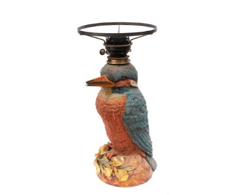 A porcelain 'Kingfisher' oil lamp: of large size (probably Sitzendorf), modelled standing on a leafy base, with glass bead de