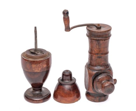 A turned wood coffee grinder: with iron handle and scoop to base, held in by a screw thread, 23cm high, also a lignum vitae p