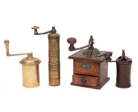 A brass cylindrical spice grinder: with detachable handle, 23cm high, a brass cylindrical grinder, a treen cylindrical grinde