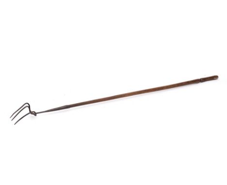 A long-handled flesh fork:, the triple prongs with a turned ash handle, 115cm long.