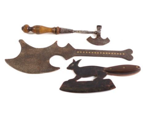 A 19th Century steel sugar axe: with scimitar shaped blade and turned wood handle, also a larger iron scimitar cleaver with b