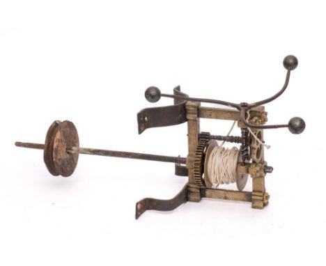 A rare 17th Century brass and iron English spit engine: with three branch governor wheel, the mechanism with castellated bras