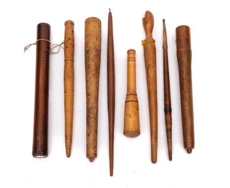 A collection of seven treen fruit spurtles:, also a thermometer in wood holder. (8)
