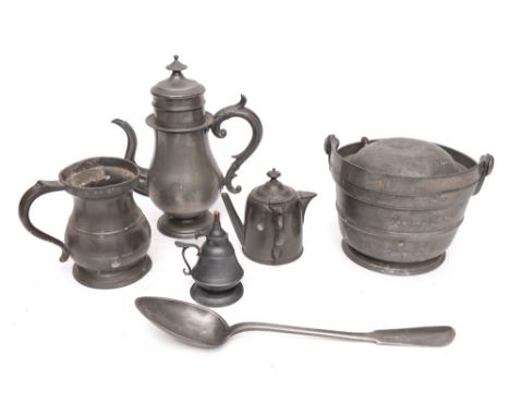 A pewter quart baluster tankard: by Yates and Birch, a pewter baluster coffee pot, a pewter swing-handled ice bucket and cove