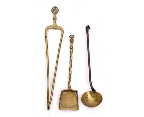 A pair of small early 19th Century brass ember tongs:, the handle with ring terminal, a small brass ladle with iron handle an