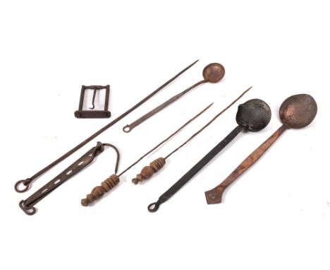 A copper ladle:, a copper and iron handled ladle, an iron ladle with single lipped bowl, three skewers, an adjustable metal m