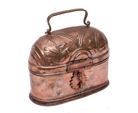 A 19th Century Continental copper tinned goats cheese strainer: of oval domed caddy shape with swing carrying handle, 22.5cm 