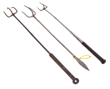 A steel three pronged flesh fork: with arrowhead terminal, a steel three pronged flesh fork with turned ebonised handle and a